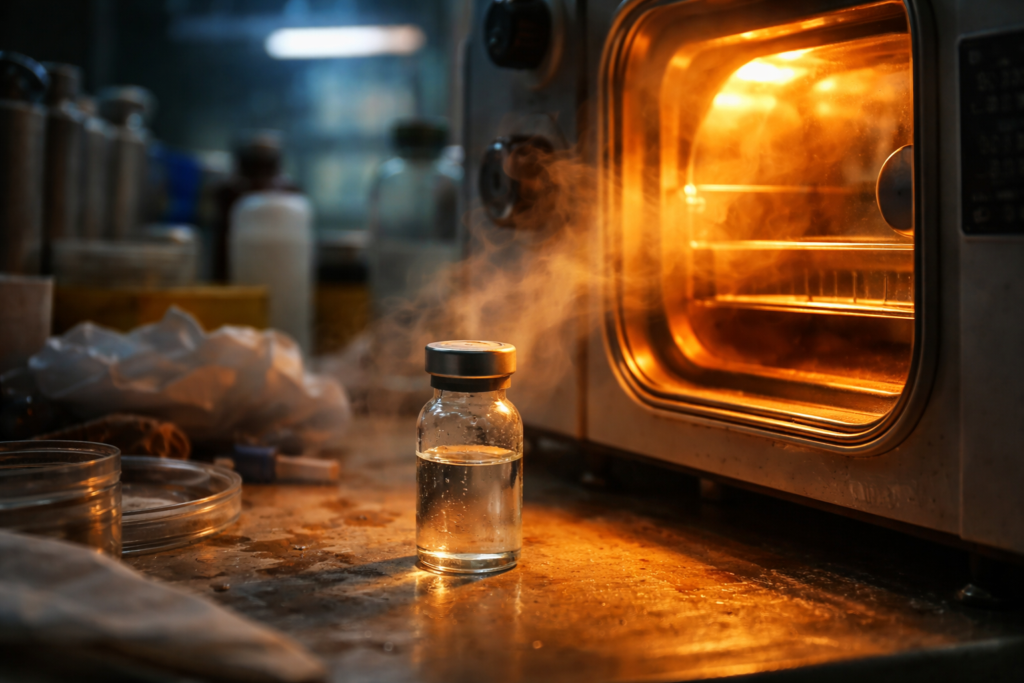 Glass vial placed near a running autoclave on a cluttered laboratory bench
