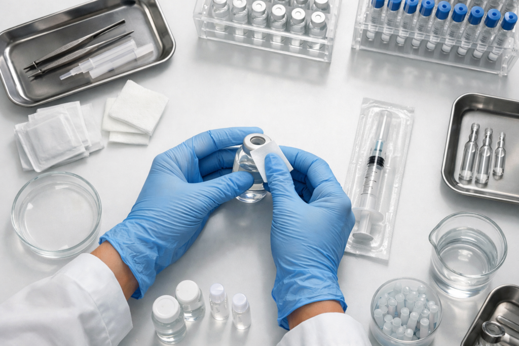 Gloved hands swabbing a glass vial stopper with an alcohol prep pad on a sterile workspace
