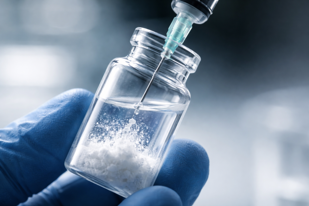 Researcher injecting bacteriostatic water into a vial of lyophilized peptide powder
