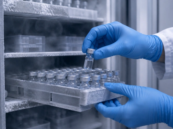 Research peptide vials in cold laboratory storage