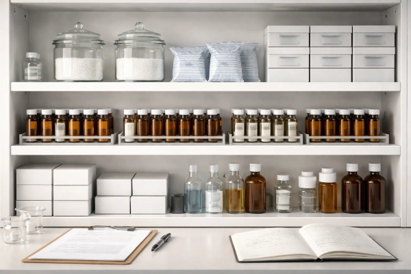 Organized research lab shelving with amber storage vials