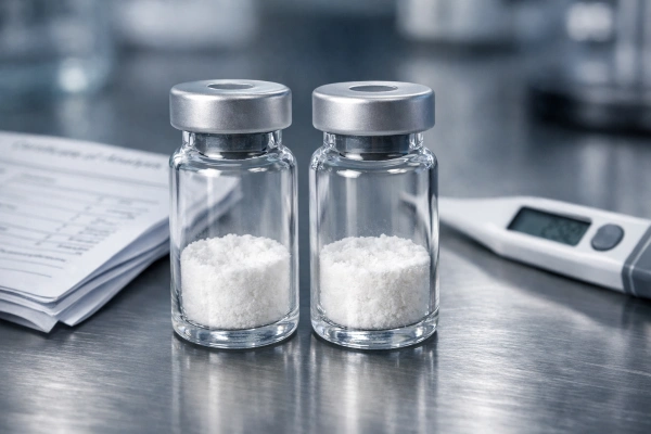Two lyophilized peptide vials on lab bench