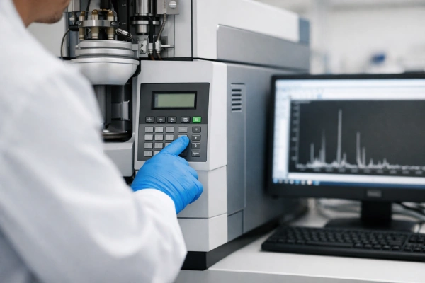 Researcher operating mass spectrometer