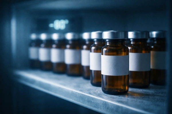 Methylcobalamin vials in refrigerated laboratory storage