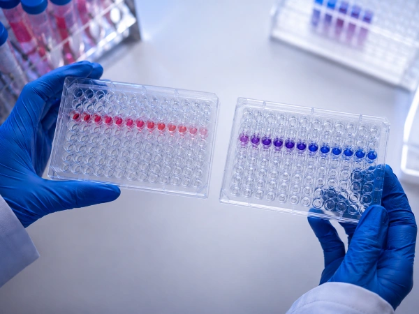 Two microplate assays showing different colored well reactions