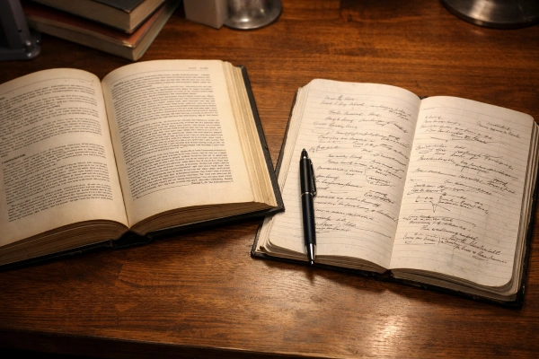 Open textbook with research notebook