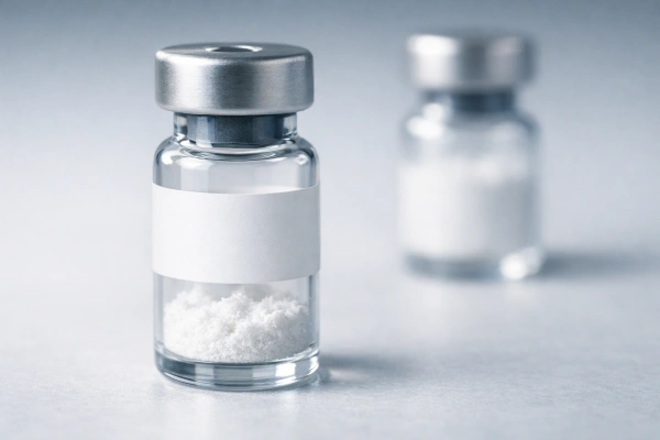 Glass vial of lyophilized peptide powder on a laboratory surface.