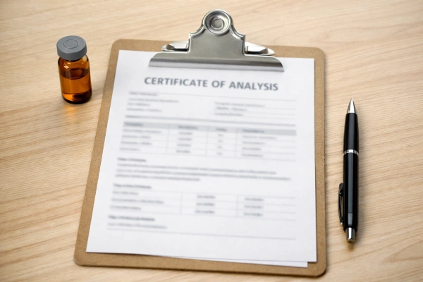 Certificate of Analysis beside peptide vial