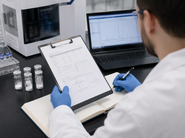 Researcher reviewing a peptide analysis report