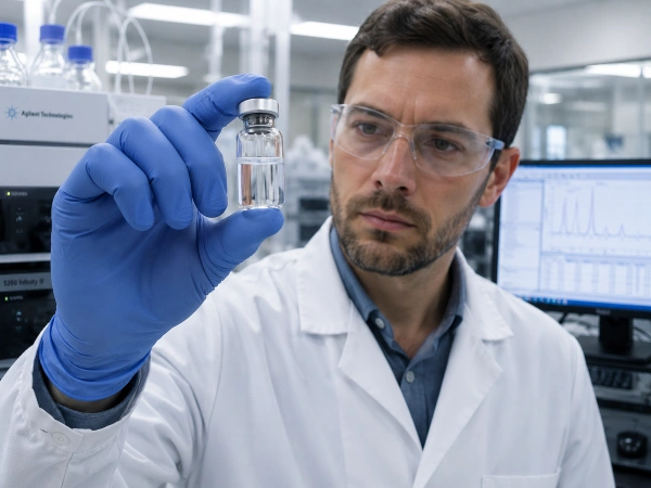 Researcher inspecting reconstituted peptide solution for clarity